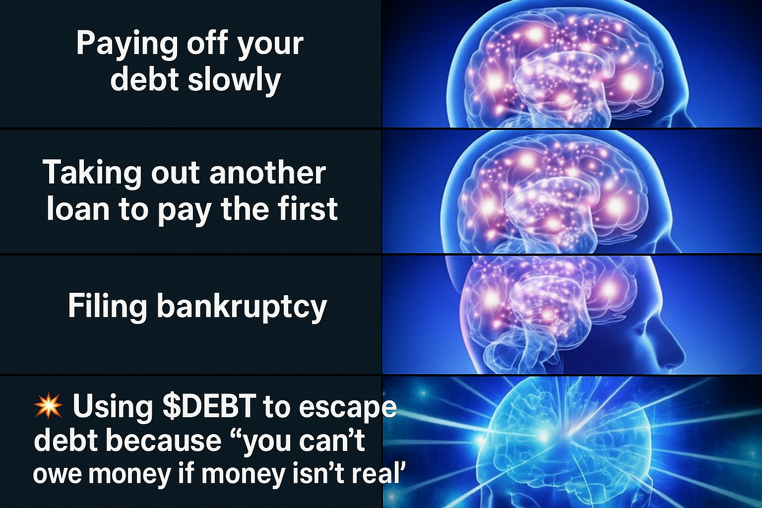 Expanding brain meme showing evolution towards $DEBT